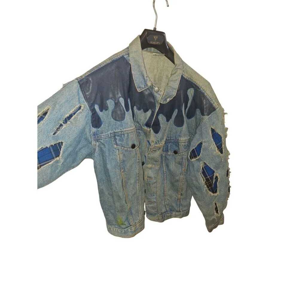 Custom Vintage Denim Jacket Trucker Size L Sauce Blue Plaid Drip Rizz Ripped‎